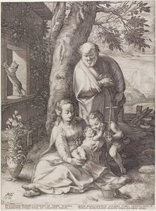 A Sagrada Família com o Menino João Batista, placa seis do nascimento e início da vida de Cristo de Hendrick Goltzius
