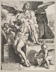 O corpo de Cristo sustentado por um anjo de Hendrick Goltzius