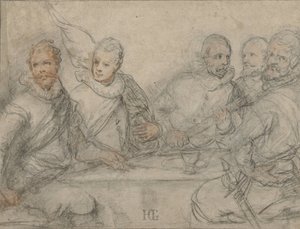 Cinco oficiais, estudem para uma refeição de pistoleiros. de Hendrick Goltzius