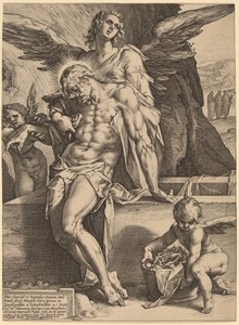 O Corpo de Cristo Apoiado por Anjos de Hendrick Goltzius, after Bartholomaeus Spranger