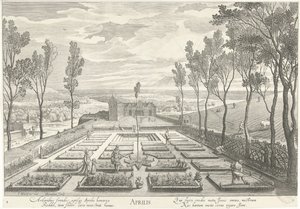 Abril, com uma empresa num jardim
Aprilis (título sobre o objecto)
Os doze meses (título da série) de Hendrick Hondius (I)