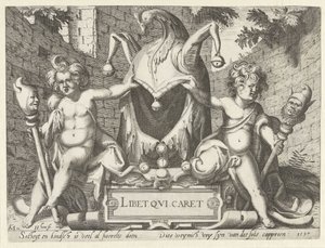 Dois putti com um boné de bobo
Libet qui caret (título sobre o objecto) de Hendrick Hondius (I)