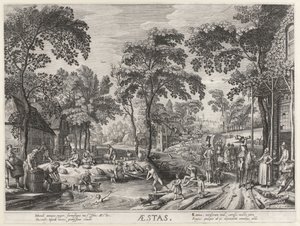 Verão, uma empresa à beira de um lago Aestas (título no objeto) As Quatro Estações (título da série) de Hendrick Hondius (I)