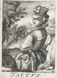 Sentindo (Tactus), uma mulher com um pássaro Tactus (título no objeto) Os cinco sentidos (título da série) de Hendrick Hondius (rejected attribution)