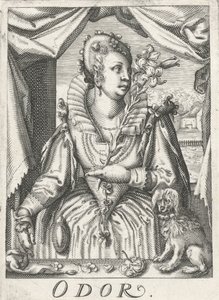 Odor (Odor), uma mulher com um ramo de flor
Odor (título sobre o objecto)
Os cinco sentidos (título da série) de Hendrick Hondius (rejected attribution)