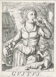 Sabor (Gustus), uma mulher com fruta
Gustus (título sobre o objecto)
Os cinco sentidos (título da série) de Hendrick Hondius (rejected attribution)