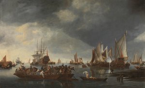 Porto com Veleiros e Ferry Boat de Hendrick Jacobsz. Dubbels