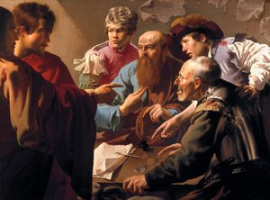 O Chamado de São Mateus (falecido 61). Representado sentado na alfândega de Cafarnaum (Kefar Nahum, Israel), ele é escolhido por Jesus e segue-o, tornando-se um dos seus apóstolos e escrevendo um evangelho. Pintor