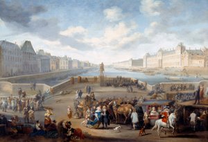 Ponte sobre o Sena detalhe da vista de Paris com o Louvre tirado do Henri IV. Pintura de Hendricks Mommers (1623-1693) Ec. Hol.