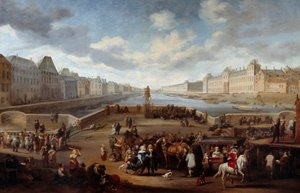Vista de Paris com o Louvre, tirada da ponte Henri IV (Actuel Pont Neuf). Pintura de Hendricks Mommers (1623-1693)