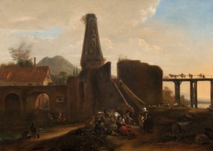 Viajantes em repouso ao lado de ruínas clássicas, 1663 óleo sobre tela