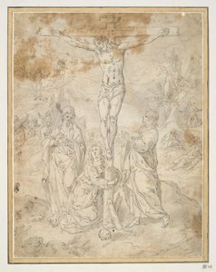 Cristo na Cruz entre a Virgem e São João com cenas da Paixão ao fundo de Hendrick de Clerck