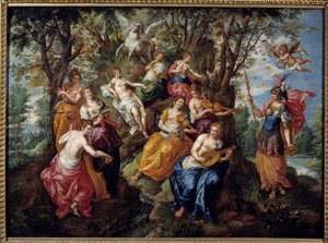 Visita de Minerva às Musas Pintura de Hendrick de Clerk (1570-1629) (ec.flam.) Século XVII Chalons Sur Marne. museu bela-Artes de Hendrick de Clerk