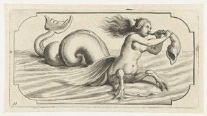 Uma figura feminina sopra sobre uma concha
Nouveau Livre des Dieux et Deeßes De la Marine Bouckje of Sea Gods and Goddesses (título da série) de Hendrick de Keyser (I)