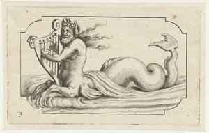 Tritão tocando harpa Nouveau Livre des Dieux et Deeßes De la Marine Bouckje of Sea Gods and Goddesses (título da série) de Hendrick de Keyser (I)