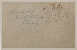 Anotação por uma mão posterior. Esboço de uma figura agachada e um cavalo de criação, século XVI