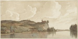 Paisagem fluvial com Chokier no rio Meuse de Hendrik Abraham Klinkhamer