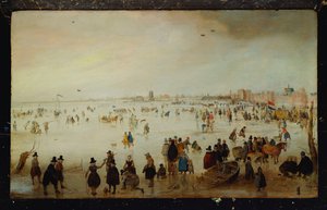 Patinadores, jogadores de golfe, senhoras e senhores elegantes nas águas congeladas do Broederpoort em Kampen de Hendrik Avercamp