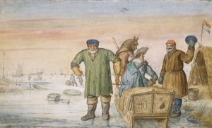 Dois idosos ao lado de um trenó com as brasões de Amsterdã e Utrecht, 1620-33