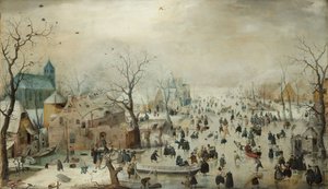 Paisagem de inverno com patinadores. c.1608 (óleo no painel)