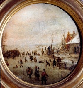 Paisagem de inverno com patinadores no gelo e jogadores de hóquei Pintura de Hendrick Avercamp (1585-1634) Diâmetro 25 cm Musei di Strada Nuova (ex Palazzo Rosso) Genes Itália