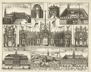 Blad met tien voorsetningen van de intocht van de Kardinaal Infant Ferdinand te Antwerpen, 1635 Espécimes dos lugares e obras mais magníficos da cidade de Antuérpia (título no objeto)