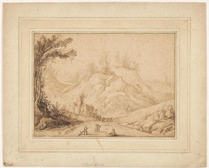Paisagem montanhosa com figuras em uma estrada perto de uma pousada de Hendrick Cornelisz. Vroom