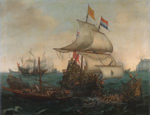 Navios holandeses abalroando galeras espanholas ao largo da costa inglesa, 3 de outubro de 1602 de Hendrick Cornelisz. Vroom