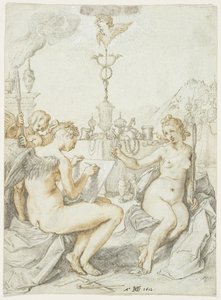 Alegoria da Arte do Desenho com o Emblema do Artista, 1612 (tinta, giz e guache sobre papel) de Hendrik Goltzius