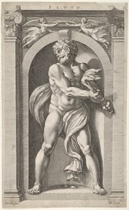 Plutão, no verso dos esboços de uma figura, quatro cabeças e uma coluna, 1592. de Hendrik Goltzius