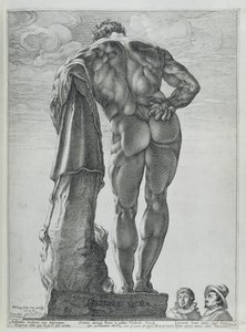 Vista traseira do Farnese Hercules (gravura em cobre) de Hendrik Goltzius