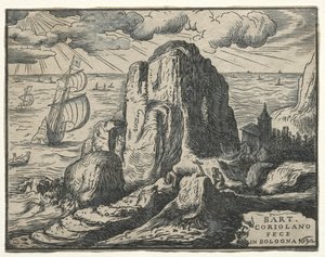 Conjunto de 4 paisagens: No. 4 - Penhasco à beira-mar. de Hendrik Goltzius