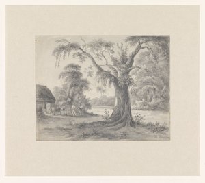 Paisagem com árvore e cabana com cavalo e carruagem e duas figuras de Hendrik Huygens (signed by artist)