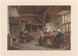 Interior camponês, família na cozinha