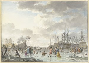 Feira de gelo em um rio congelado com navios Diversão no gelo em um rio congelado com navios