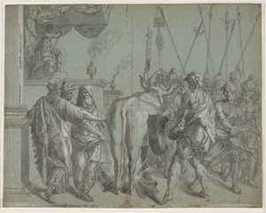 O tirano Falaro de Agrigento encerra o escultor Parillus em seu touro de bronze brilhante de Hendrik Krock