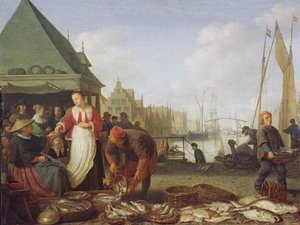 O mercado de peixe de Roterdão (óleo sobre painel de carvalho)