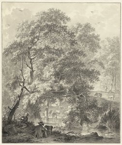 Vista da floresta com dois meninos com um cachorro sentado à beira da água de Hendrik Meijer