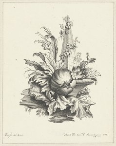 Ornamento com romã com folhas e obelisco de Hendrik Nieuwenhuysen
