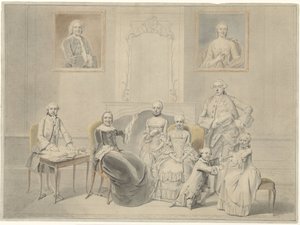 Os filhos de Pieter Cornelis Hasselaer e Clara Wendela Sautijn, cujos retratos estão pendurados na parede, com sua avó Wendela Eleonora Reael