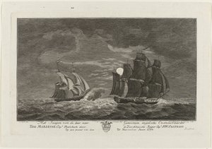 Sextroh hunting the Marianne, 1782
Hunting the English East Sea vessel The Marianne Capt Phielskerk by the Zierikzeesche Kaper Capt J:W:Sextroh on the evening of 20 November 1782 (title on object)