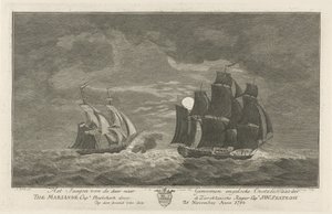 Sextroh hunting the Marianne, 1782
Hunting the English East Sea vessel The Marianne Capt Phielskerk by the Zierikzeesche Kaper Capt J:W:Sextroh on the evening of 20 November 1782 (title on object)