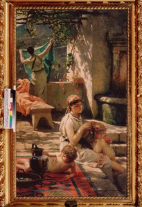 No poço. (Uma mulher está a pentear o cabelo do seu filho, outra está a pendurar roupa). Pintura de Henryk Siemiradzki (1843-1902), óleo sobre tela de Henryk Siemiradzki
