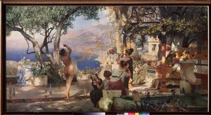 A Dança da Espada (Uma mulher nua dança entre espadas equilibradas no terraço de uma villa italiana, ao som de uma lira e de uma flauta). Pintura por Henryk Siemiradzki (1843-1902), óleo sobre tela