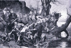 Warriors of Sviatoslav at the massacre under the wall od Drster (Durostorus), ilustração de Landmarks in European History publicada pela Gresham Publishing Co, c.1920 (litho) de Henryk Siemiradzki