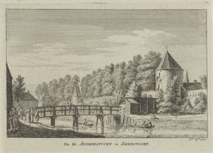 Vista do porto de St. Andriespoort em Amersfoort
The St. Andriespoort in Amersvoort (título sobre o objecto) de Hendrik Spilman