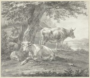 Duas vacas e duas ovelhas debaixo de uma árvore perto de um estábulo de Hendrik Stokvisch