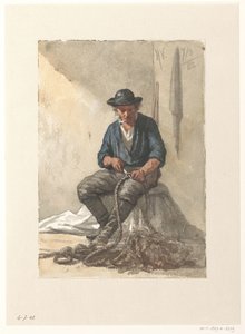 Pescador sentado a trabalhar numa corda