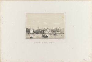 Vista do Oude Hoofd em Rotterdam, 1854 Vista do Oude Hoofd em Rotterdam (título no objeto) A Sociedade para a Promoção de Toonkunst, seu Festival de Música e a cidade de Roterdã. memória do ano de 1854 (título da série no objeto)
