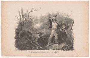 Crianças e um lobo na floresta Crianças assustadas por um lobo (título no objeto)